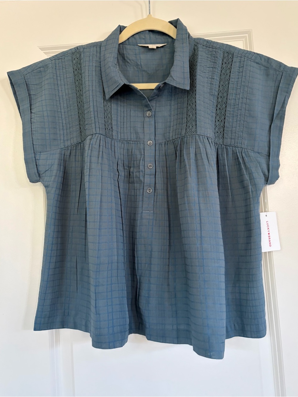Lucky Brand Dusty Blue Short-Sleeve Button Front Peasant Blouse